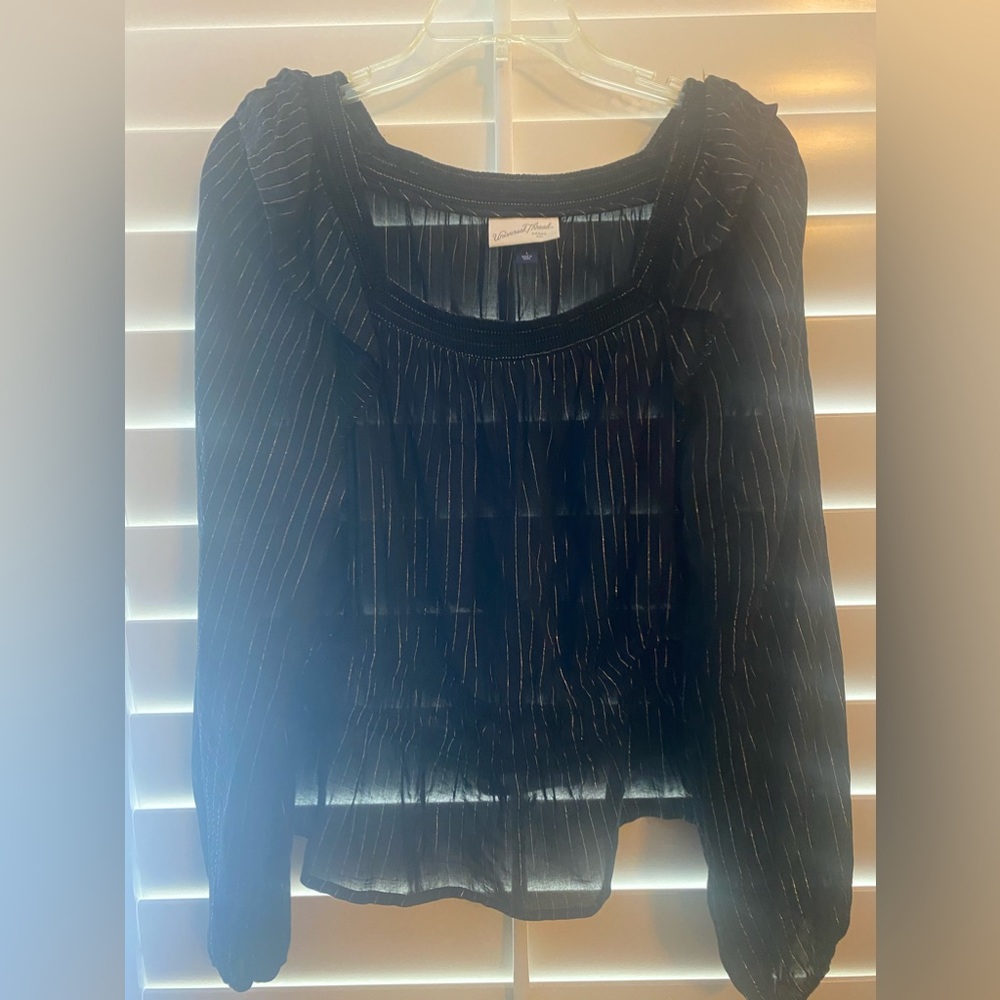 Black with gold thread peplum top blouse. Square neckline. Victoria sleeve.